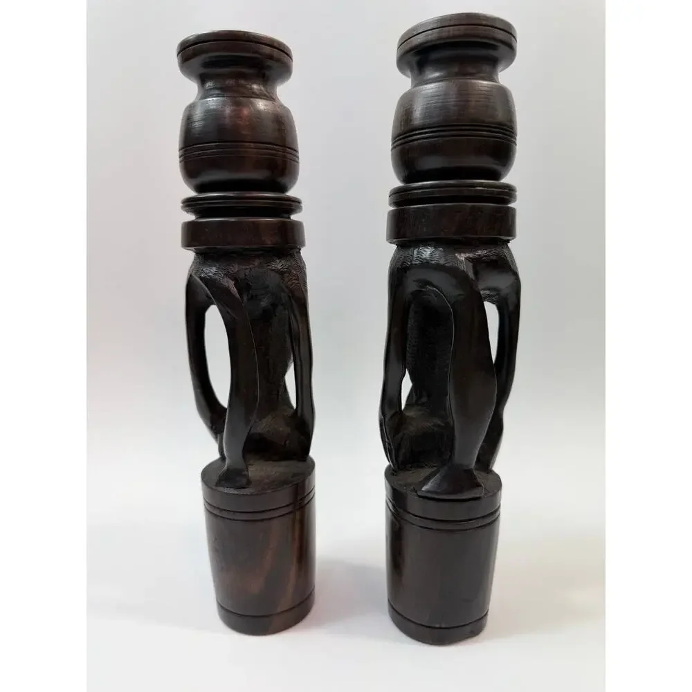 Set 2 Hand Carved Wood Candle Holders Figural Tribal Decor 1.78 lb